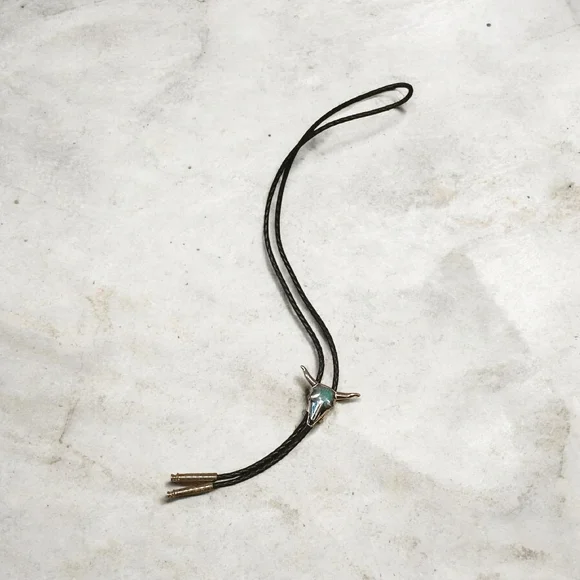 Silver Bull Skull Boho Tie | Turquoise Inlay - Picture 6 of 6